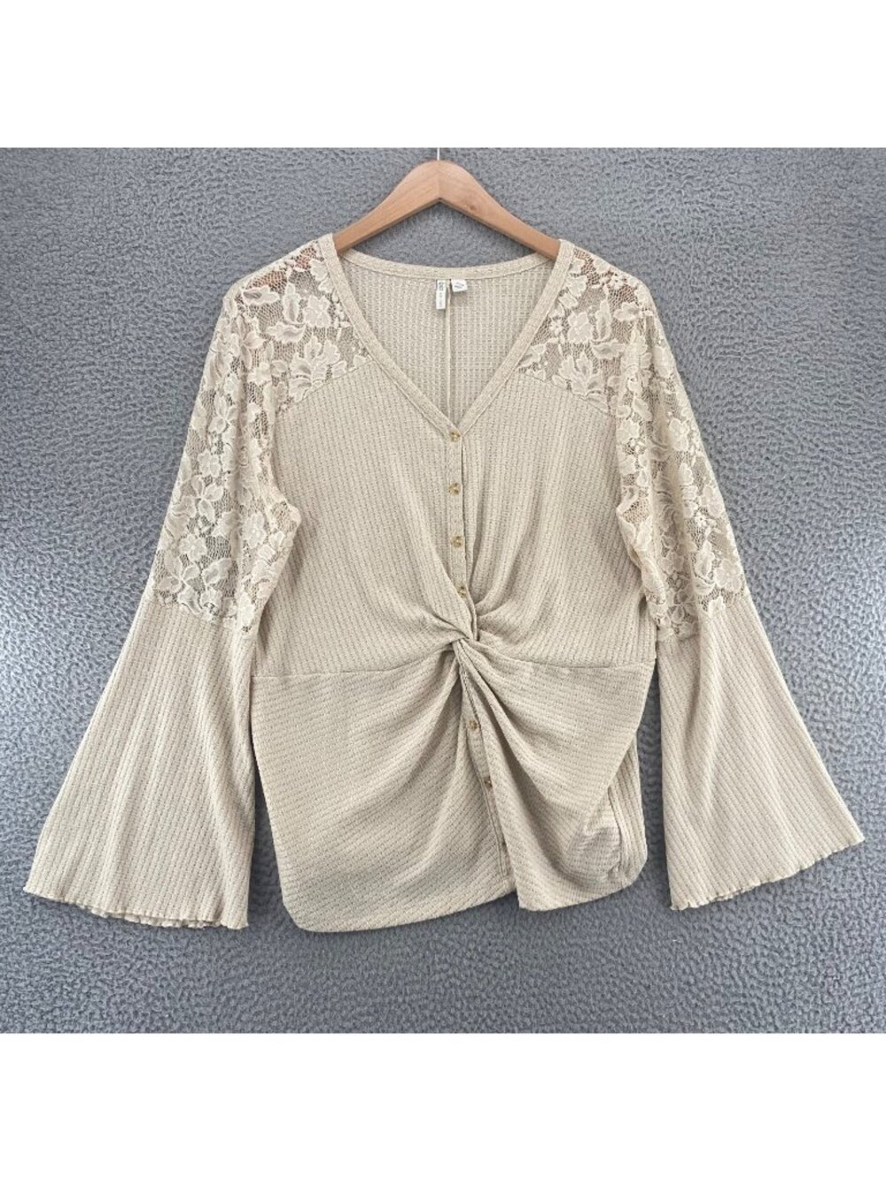Cato Top Women Extra Large Ivory Waffle Knit Lace Flare Sleeve Button Knot Tunic